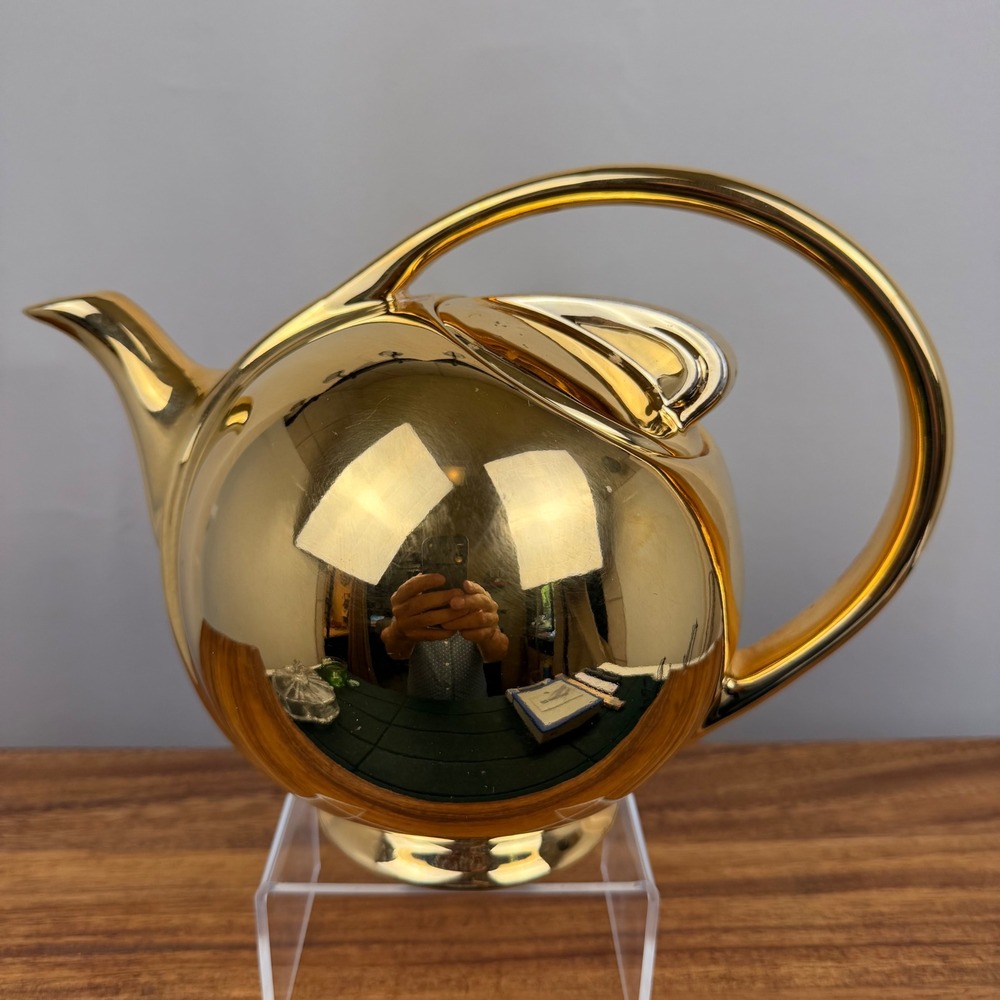 Vintage Hall China Airflow Teapot 22K Gold Flash 3111 Mid Century Modern Gold